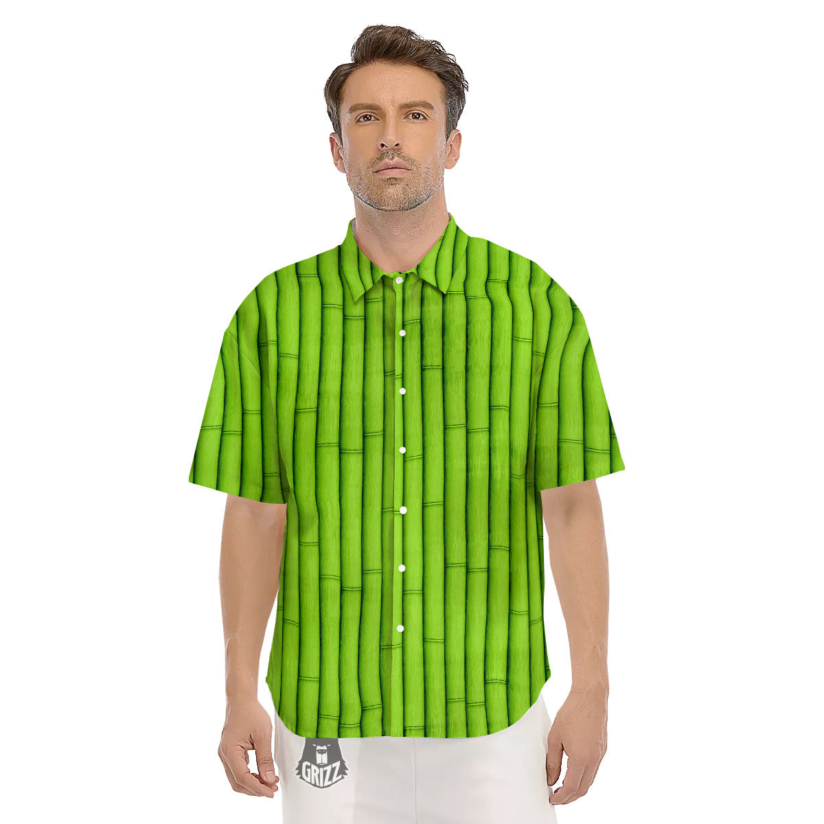 Green Bamboo Print Men's Short Sleeve Shirts-grizzshop