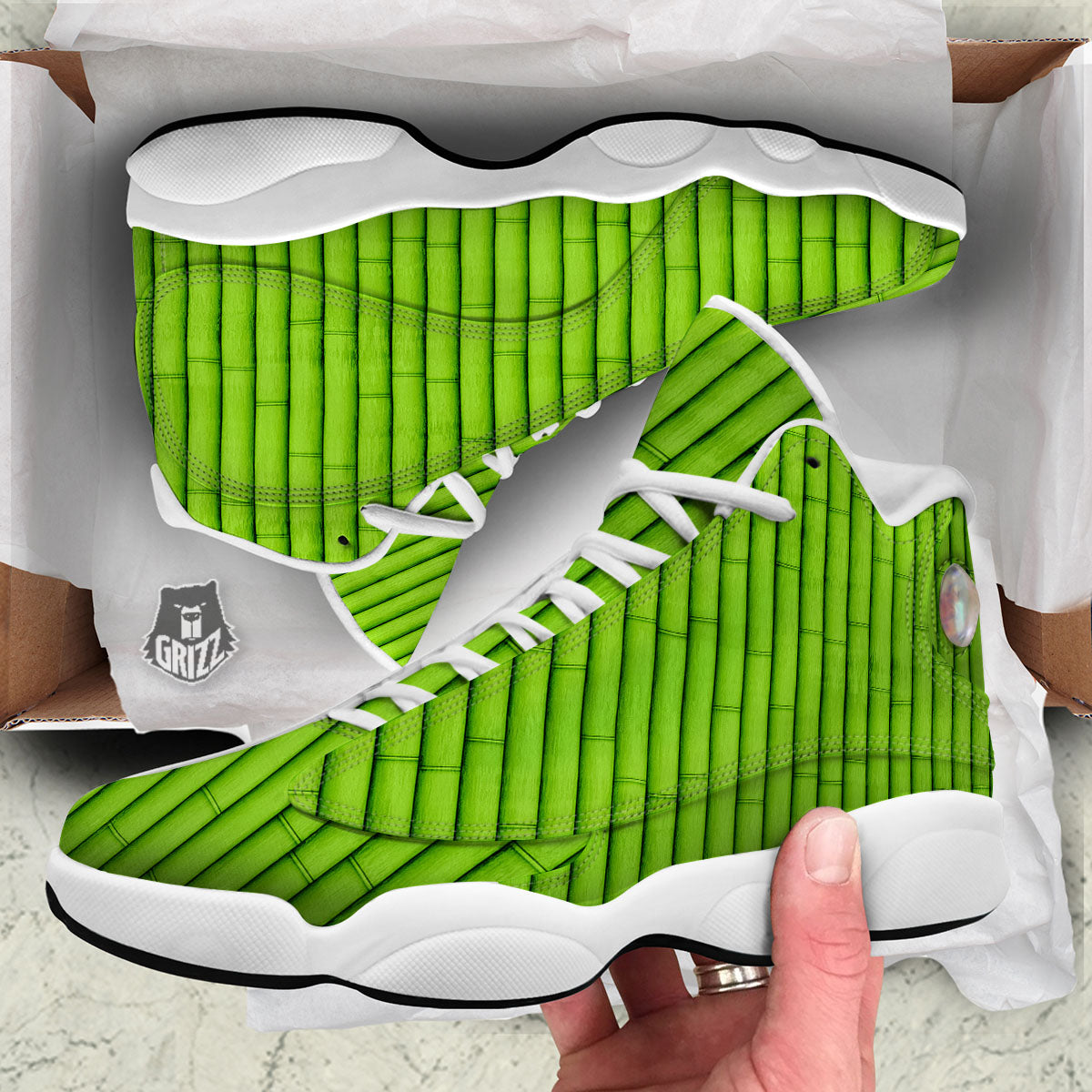 Green Bamboo Print White Basketball Shoes-grizzshop