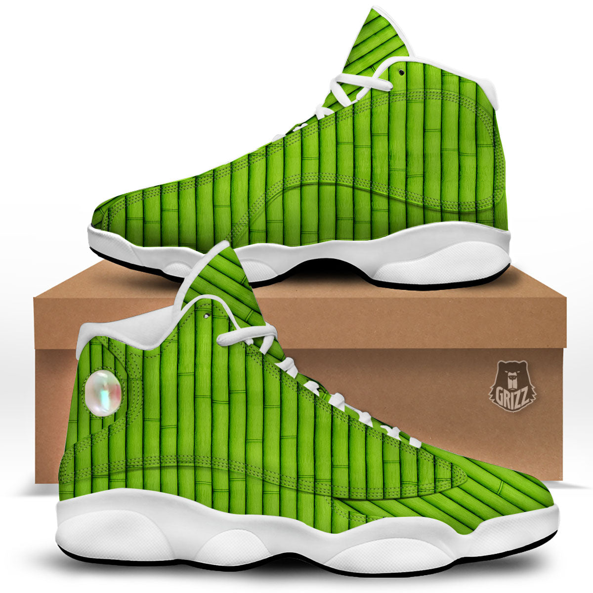 Green Bamboo Print White Basketball Shoes-grizzshop