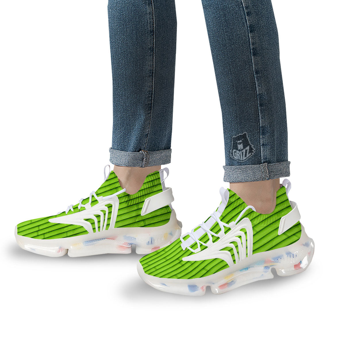 Green Bamboo Print White Gym Shoes-grizzshop