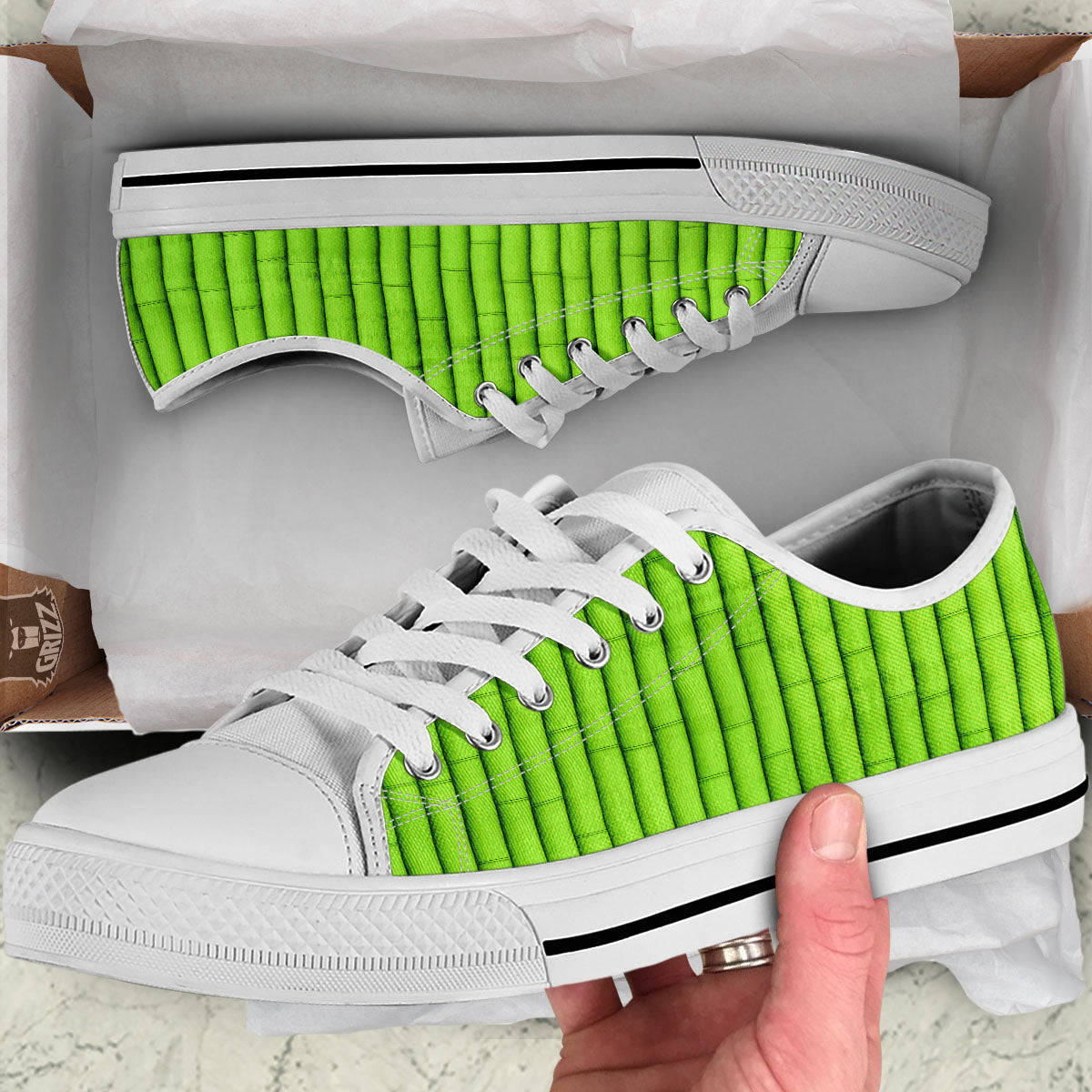 Green Bamboo Print White Low Top Shoes-grizzshop
