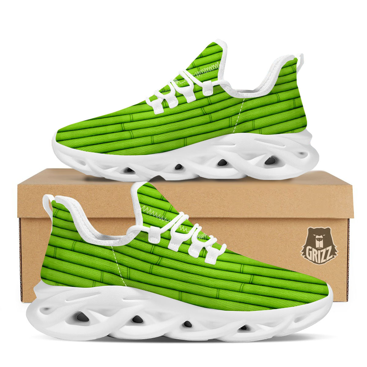 Green Bamboo Print White Running Shoes-grizzshop