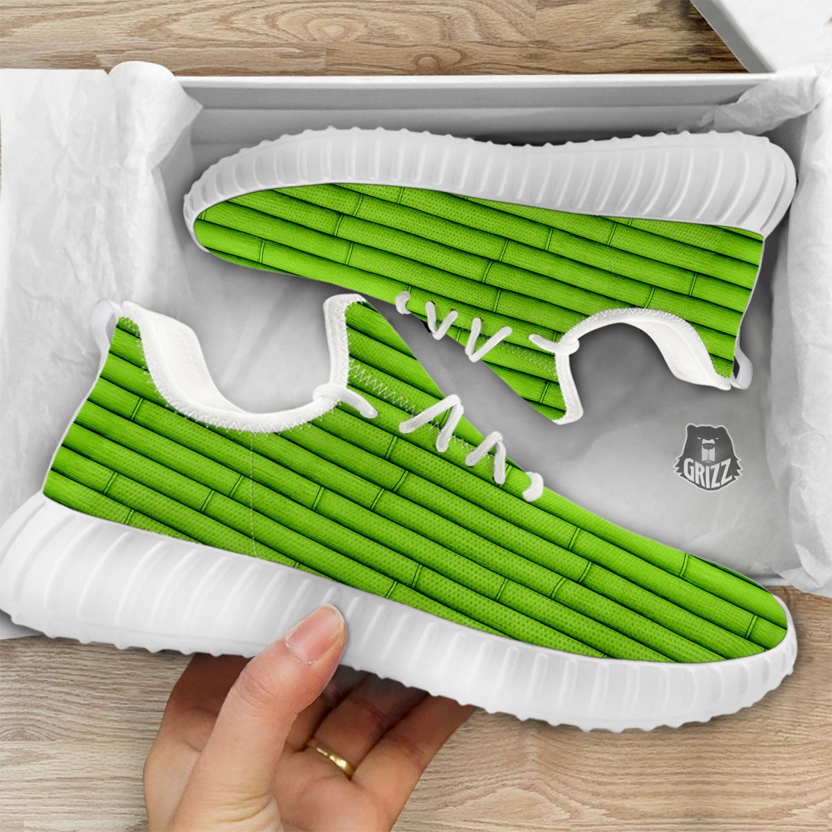 Green Bamboo Print White Walking Shoes-grizzshop