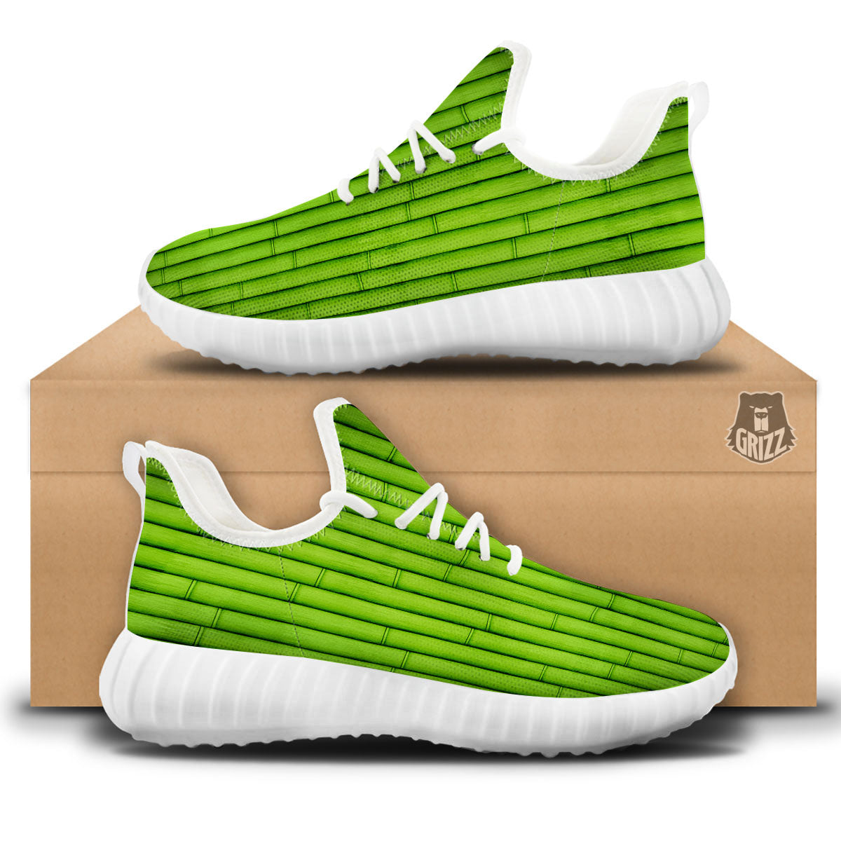 Green Bamboo Print White Walking Shoes-grizzshop