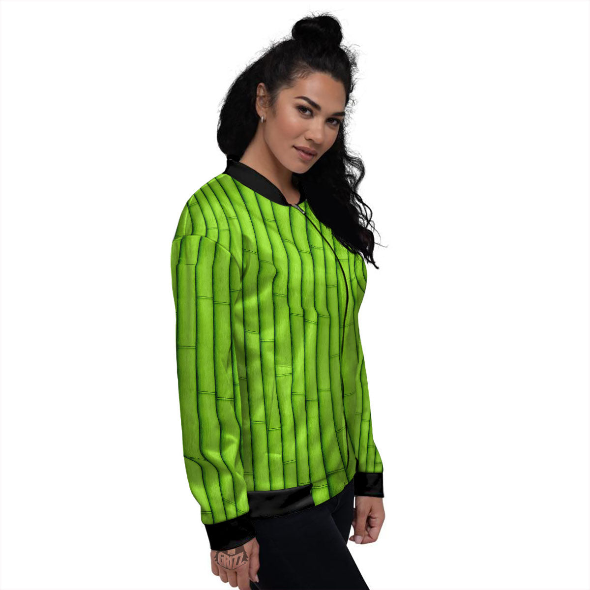 Green Bamboo Print Women's Bomber Jacket-grizzshop