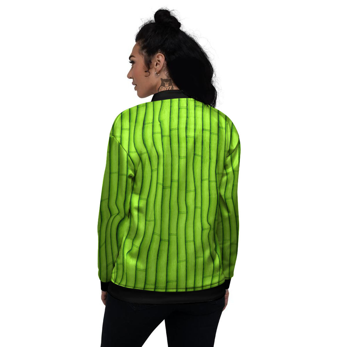 Green Bamboo Print Women's Bomber Jacket-grizzshop