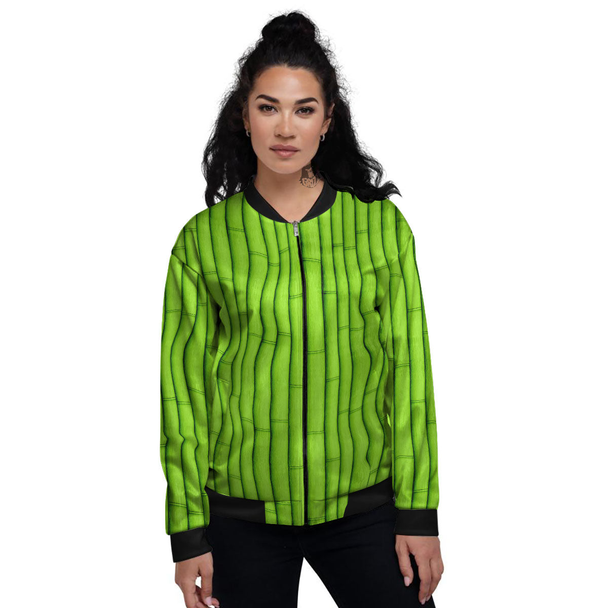 Green Bamboo Print Women's Bomber Jacket-grizzshop