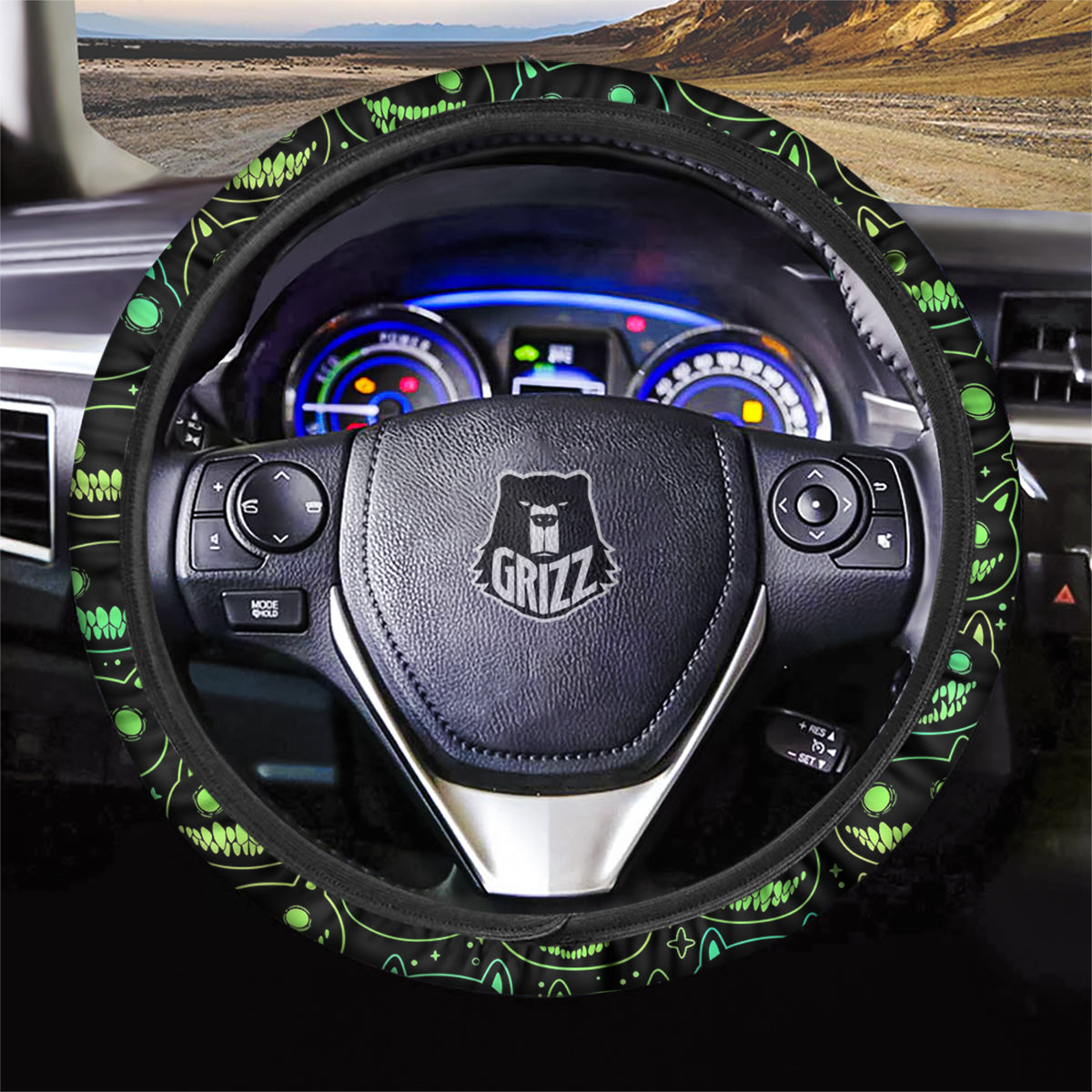 Green Black Head Cartoon Spooky Cat Print Pattern Car Steering Wheel Cover-grizzshop