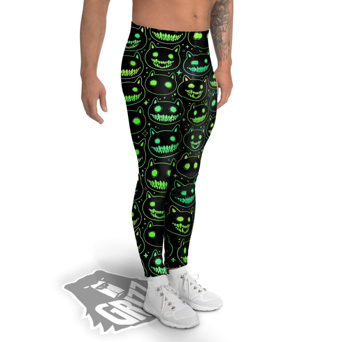 Green Black Head Cartoon Spooky Cat Print Pattern Men's Leggings-grizzshop