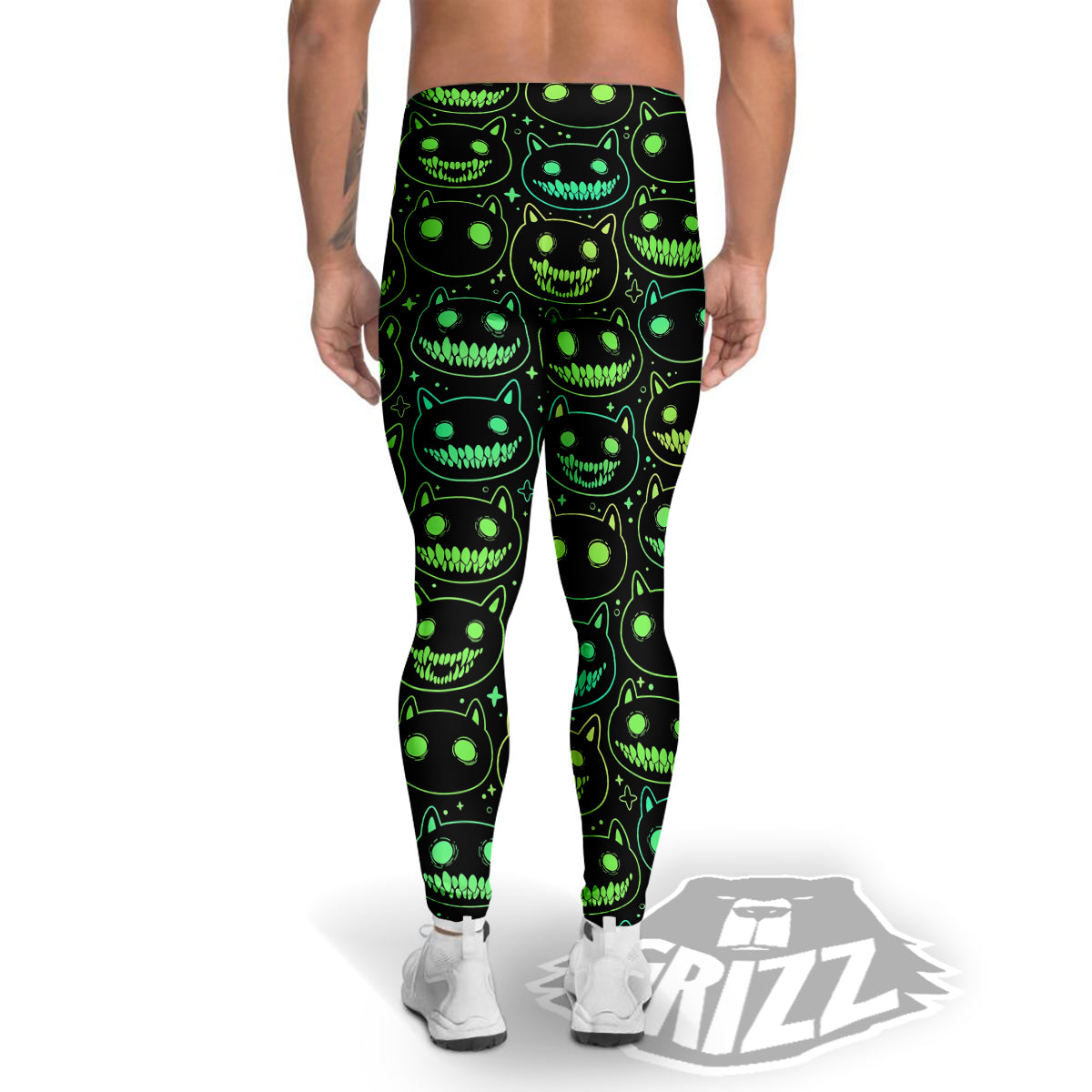 Green Black Head Cartoon Spooky Cat Print Pattern Men's Leggings-grizzshop