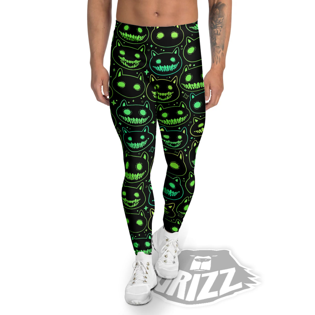Green Black Head Cartoon Spooky Cat Print Pattern Men's Leggings-grizzshop