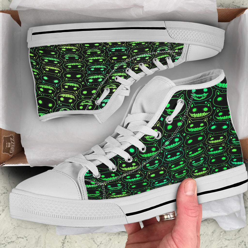 Green Black Head Cartoon Spooky Cat Print Pattern White High Top Shoes-grizzshop