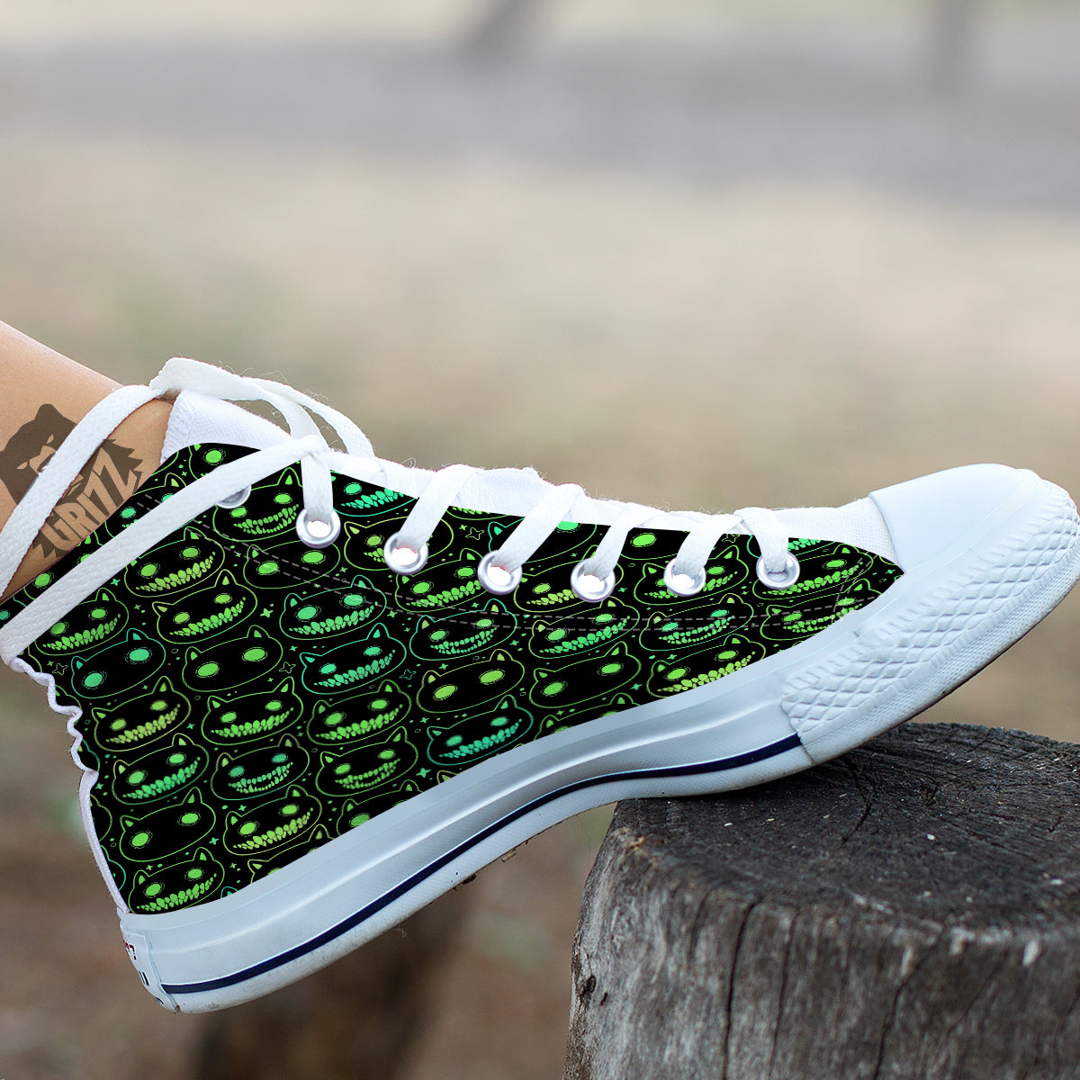 Green Black Head Cartoon Spooky Cat Print Pattern White High Top Shoes-grizzshop