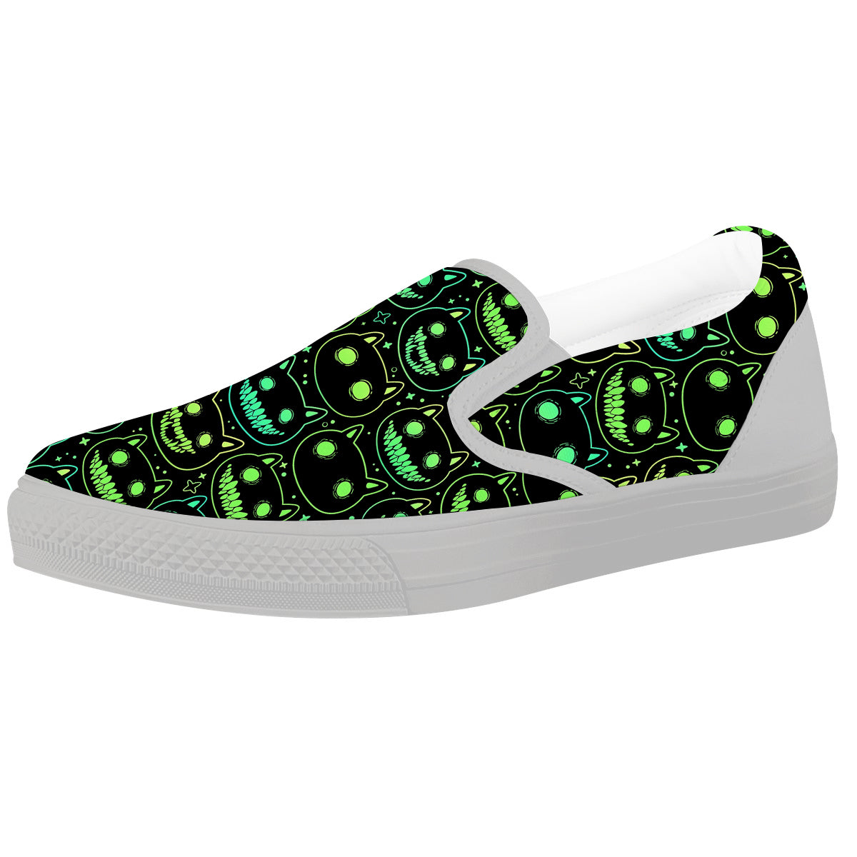 Green Black Head Cartoon Spooky Cat Print Pattern White Slip On Shoes-grizzshop