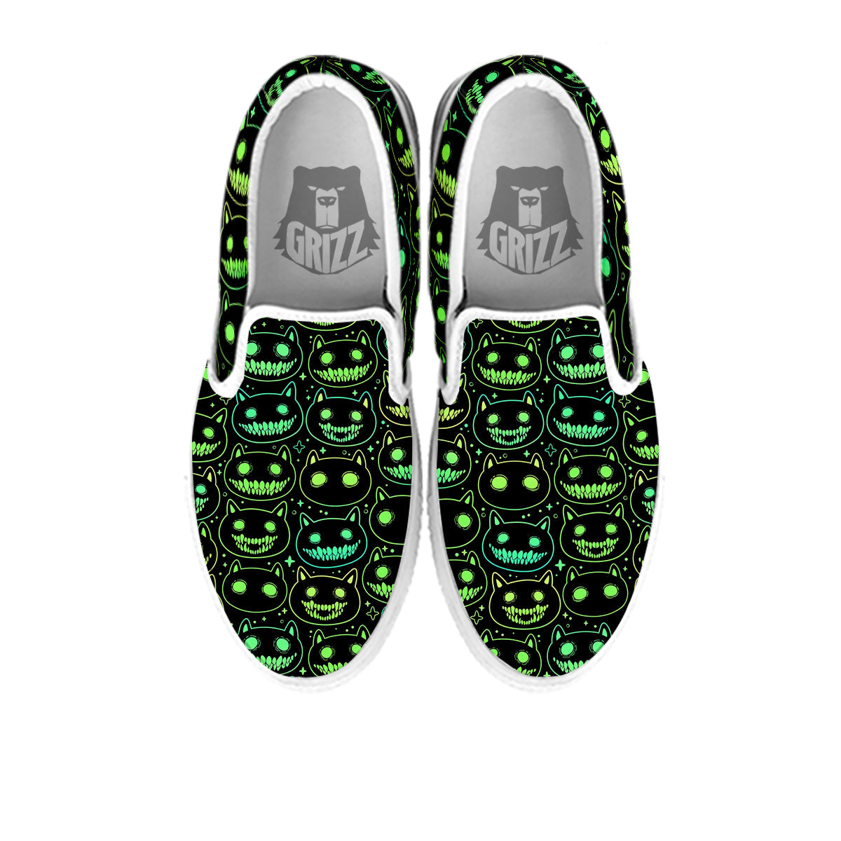 Green Black Head Cartoon Spooky Cat Print Pattern White Slip On Shoes-grizzshop
