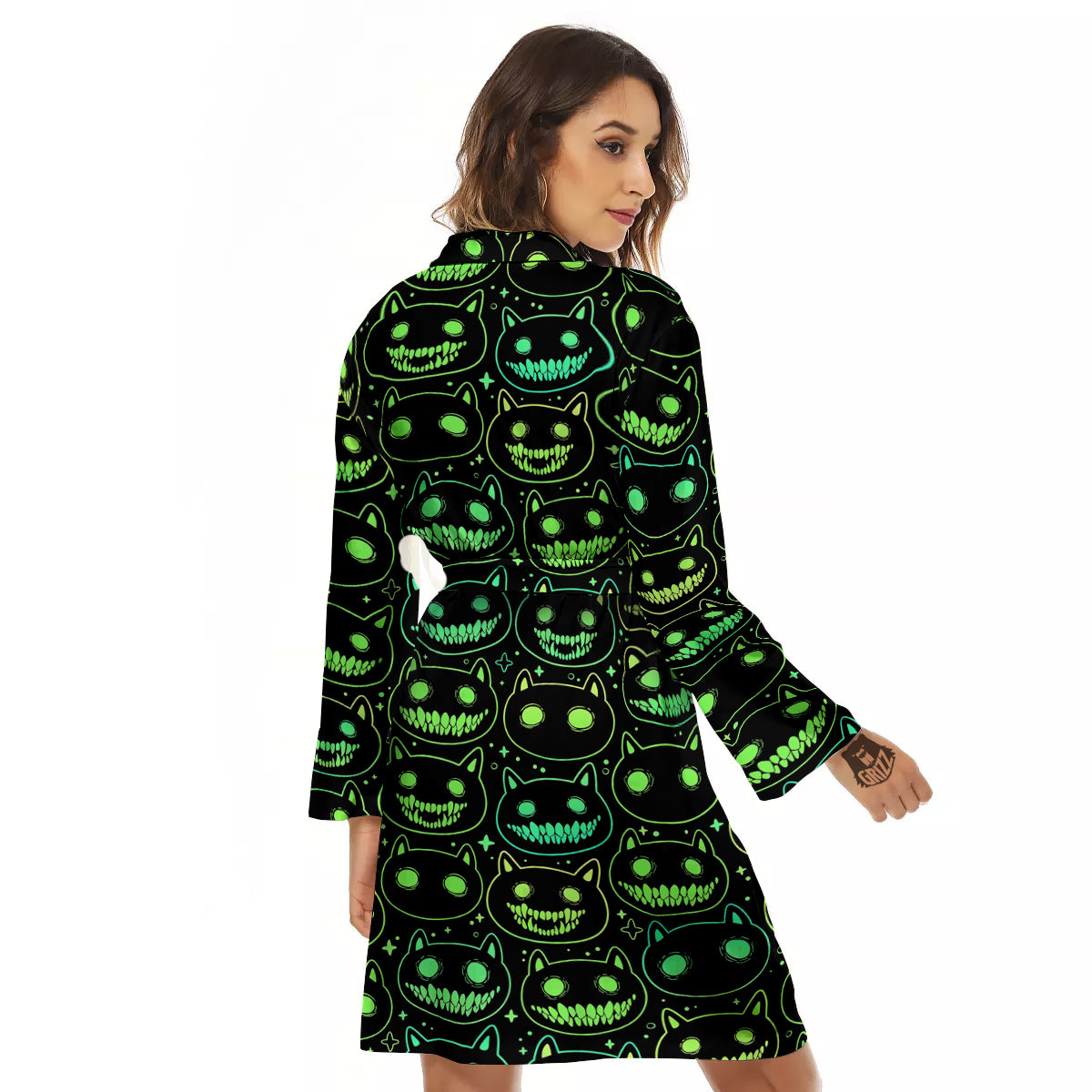Green Black Head Cartoon Spooky Cat Print Pattern Women's Robe-grizzshop