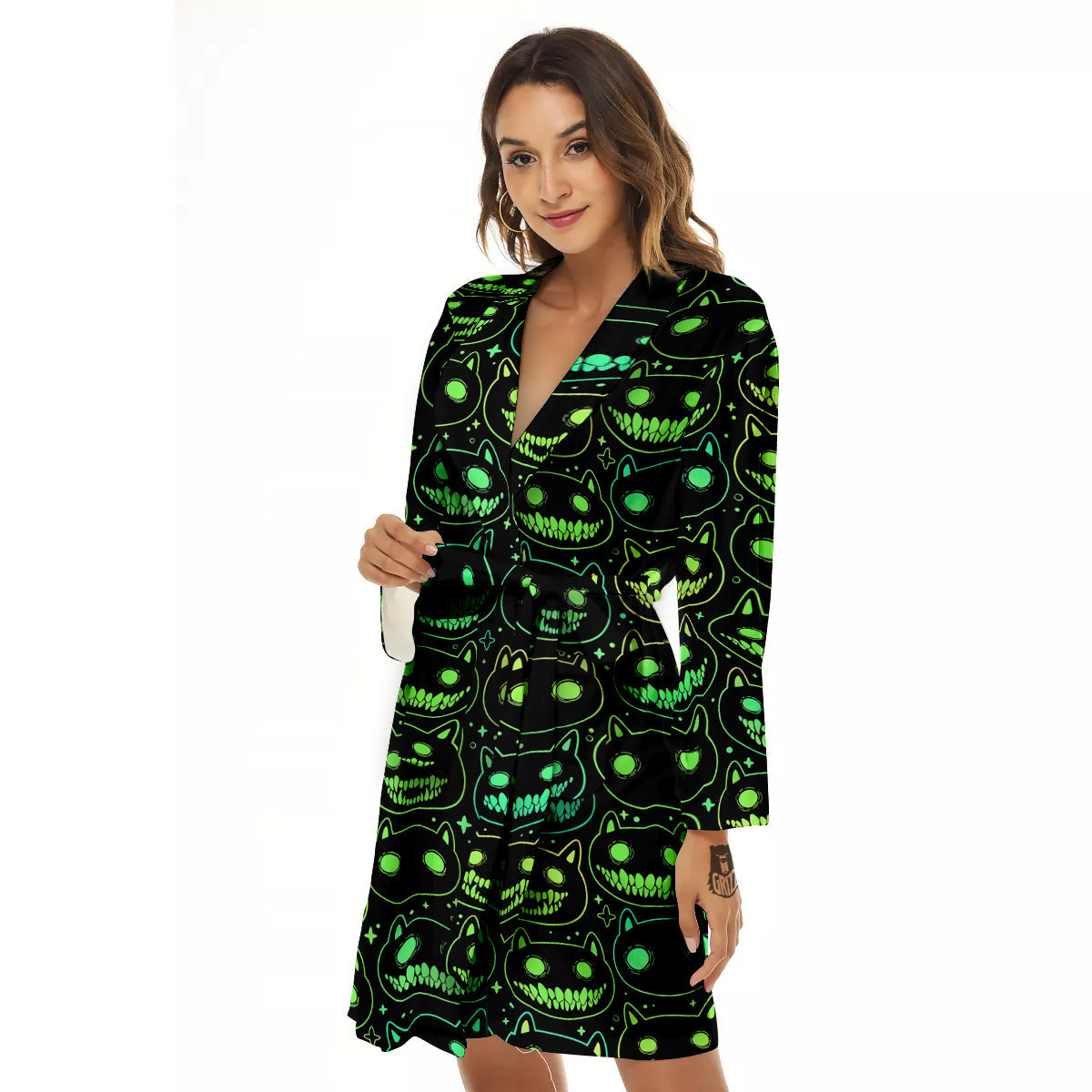 Green Black Head Cartoon Spooky Cat Print Pattern Women's Robe-grizzshop