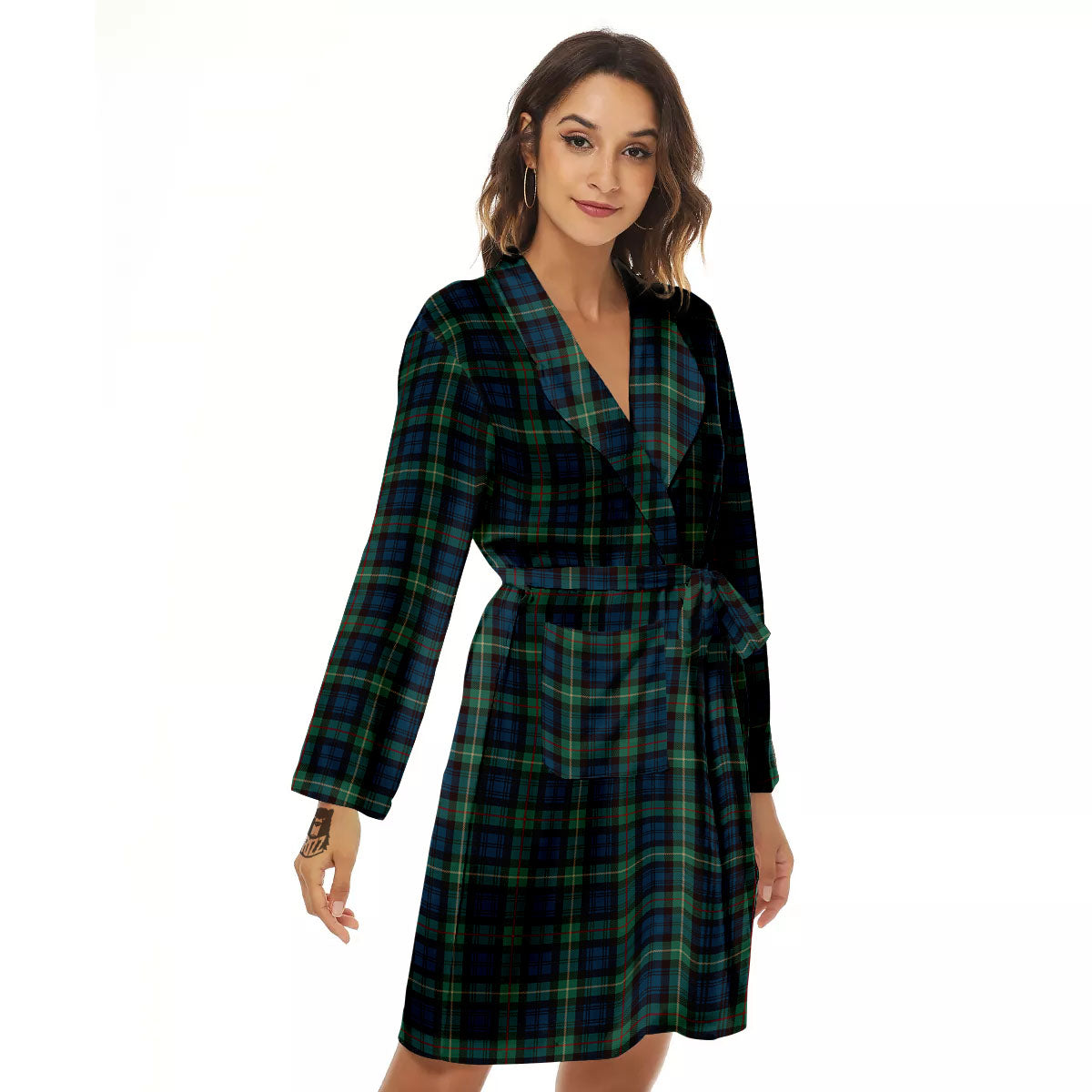 Green Blue And Red Line Tartan Print Pattern Women's Robe-grizzshop