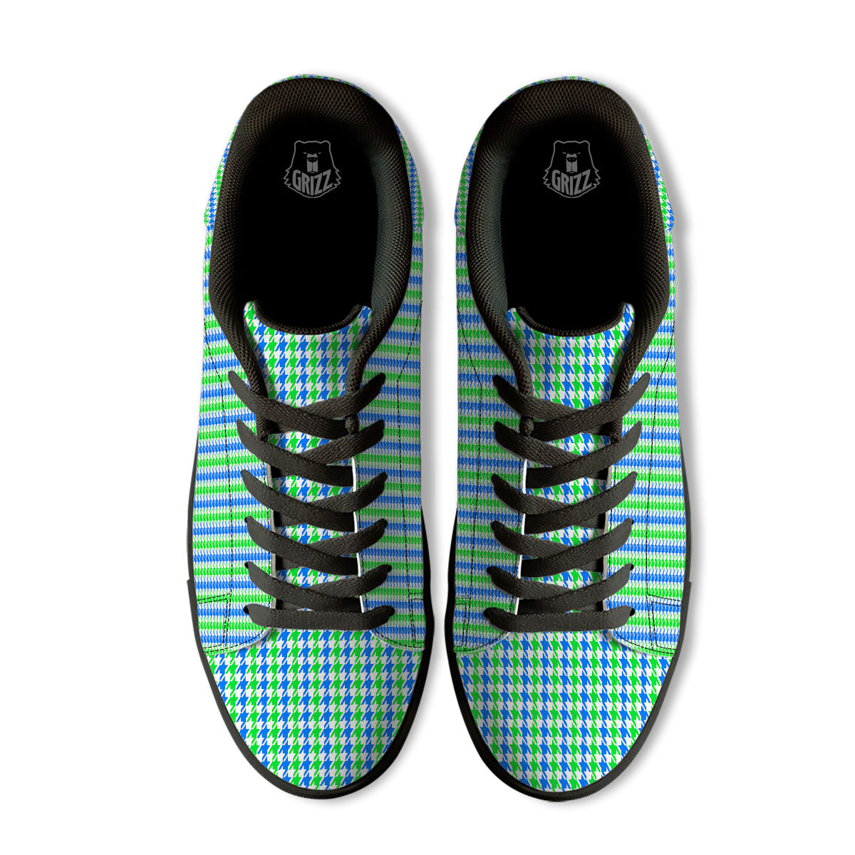 Green Blue And White Houndstooth Print Black Low Top Sneakers-grizzshop
