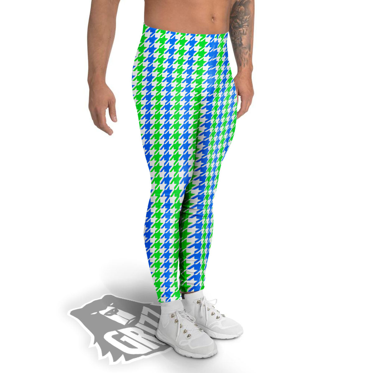 Green Blue And White Houndstooth Print Men's Leggings-grizzshop