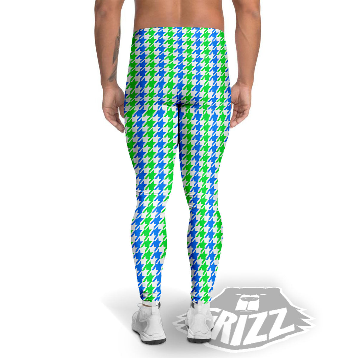Green Blue And White Houndstooth Print Men's Leggings-grizzshop