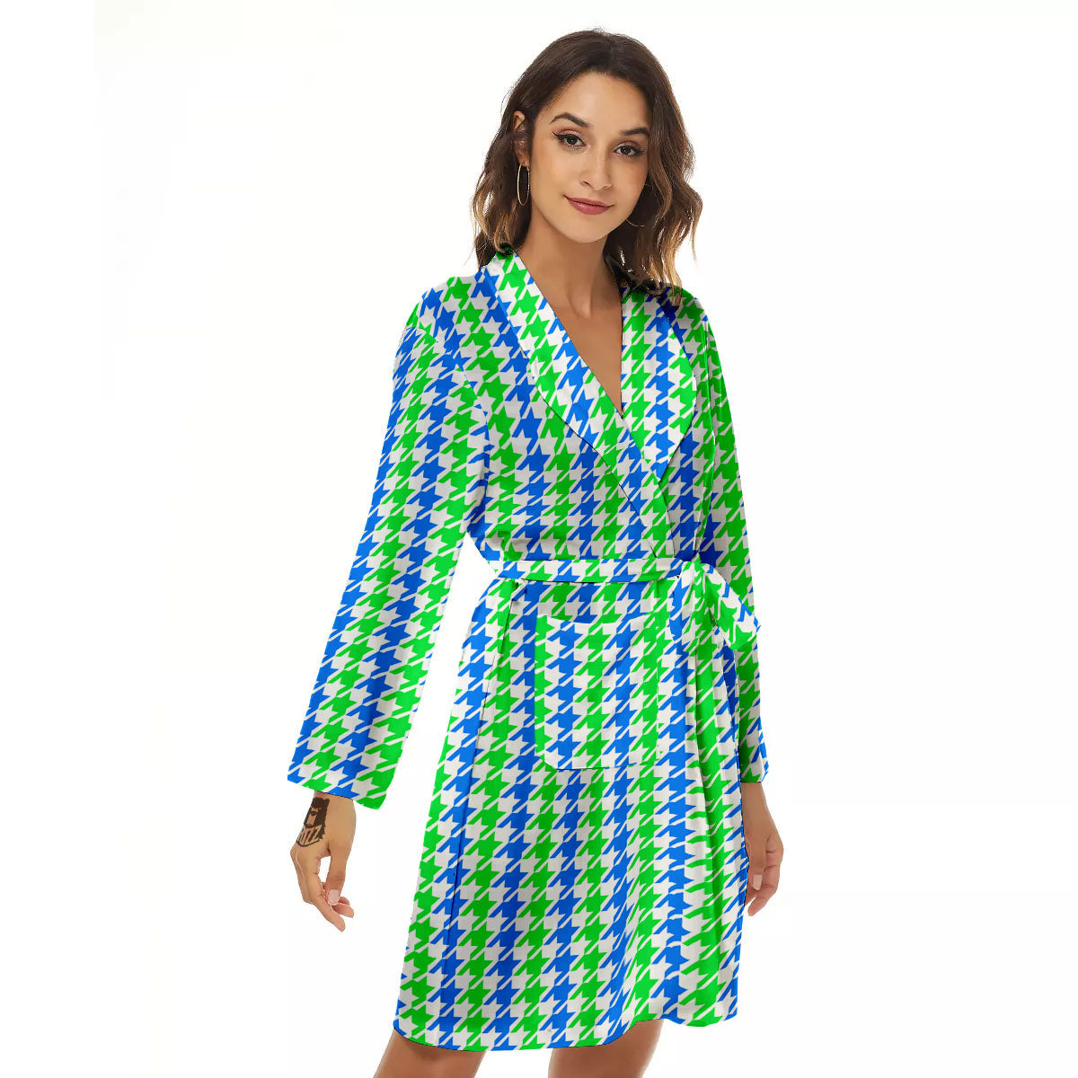 Green Blue And White Houndstooth Print Women's Robe-grizzshop