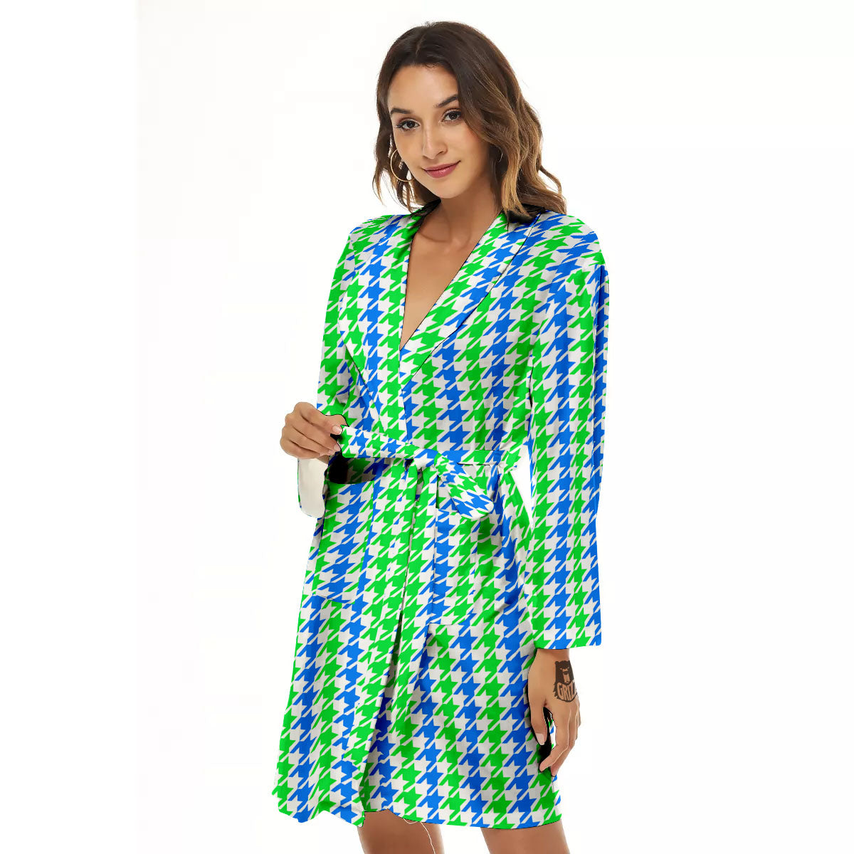 Green Blue And White Houndstooth Print Women's Robe-grizzshop