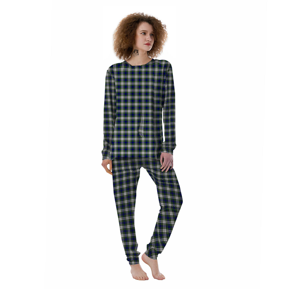Green Blue And White Plaid Print Pattern Women's Pajamas-grizzshop