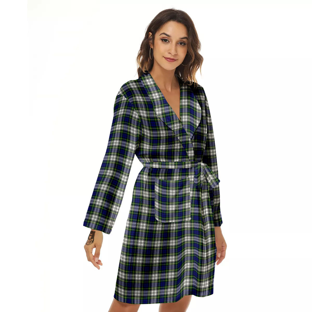 Green Blue And White Plaid Print Pattern Women's Robe-grizzshop