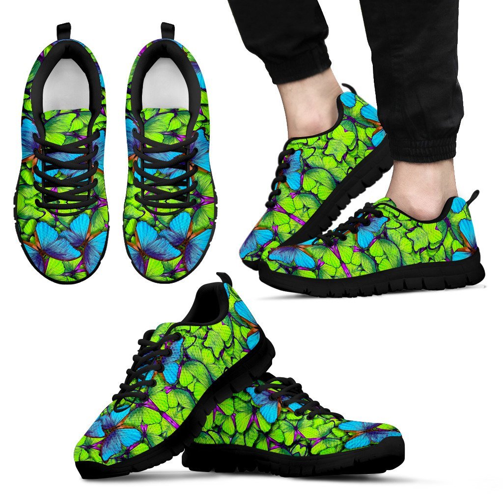 Green Blue Butterfly Pattern Print Black Sneaker Shoes For Men Women-grizzshop