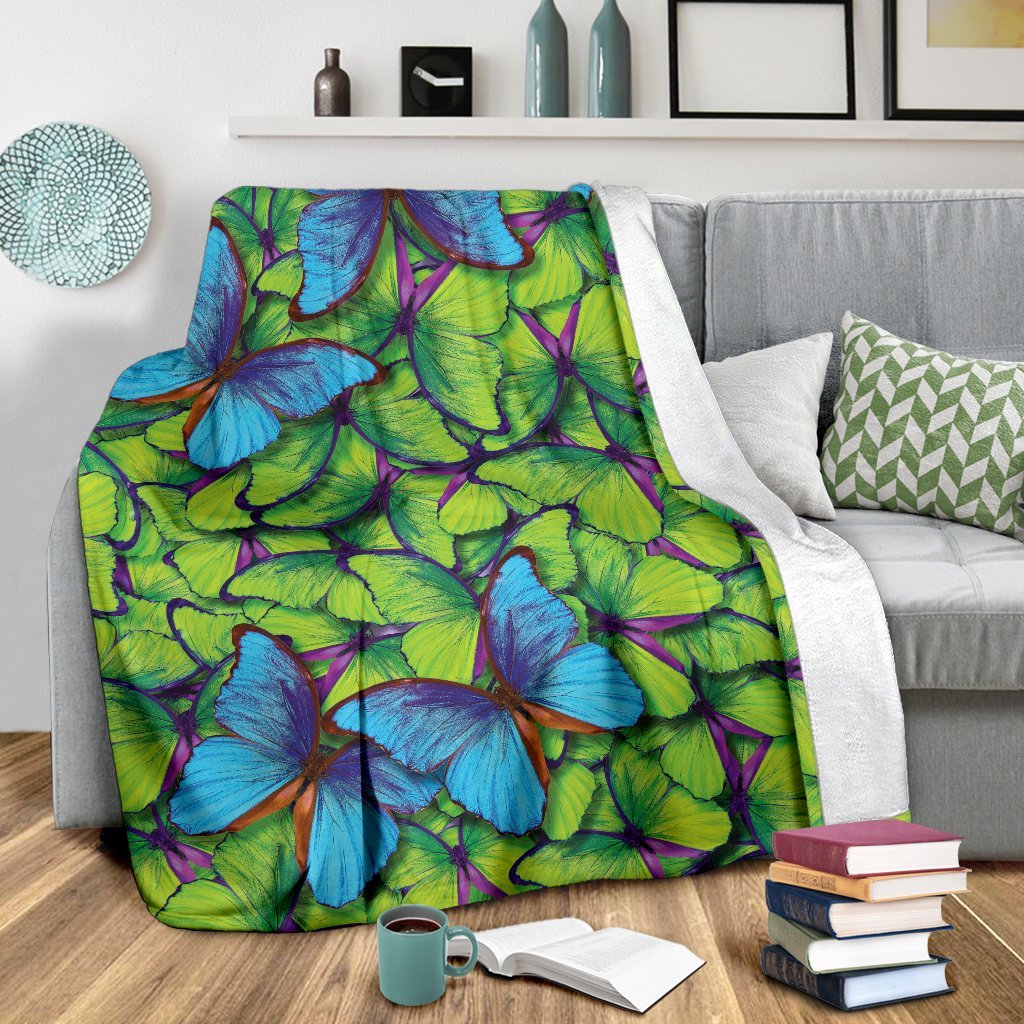 Green Blue Butterfly Pattern Print Blanket-grizzshop