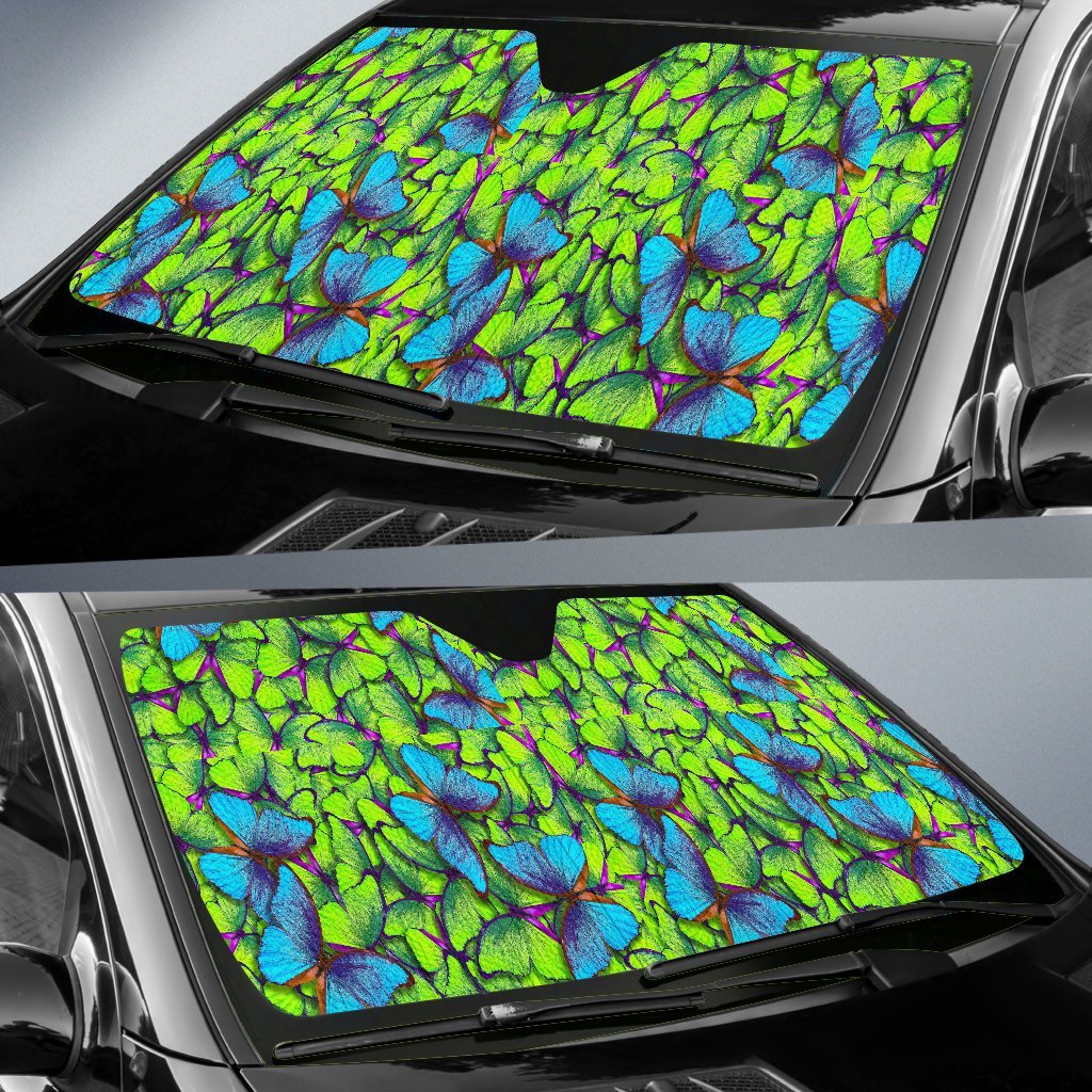Green Blue Butterfly Pattern Print Car Sun Shade-grizzshop