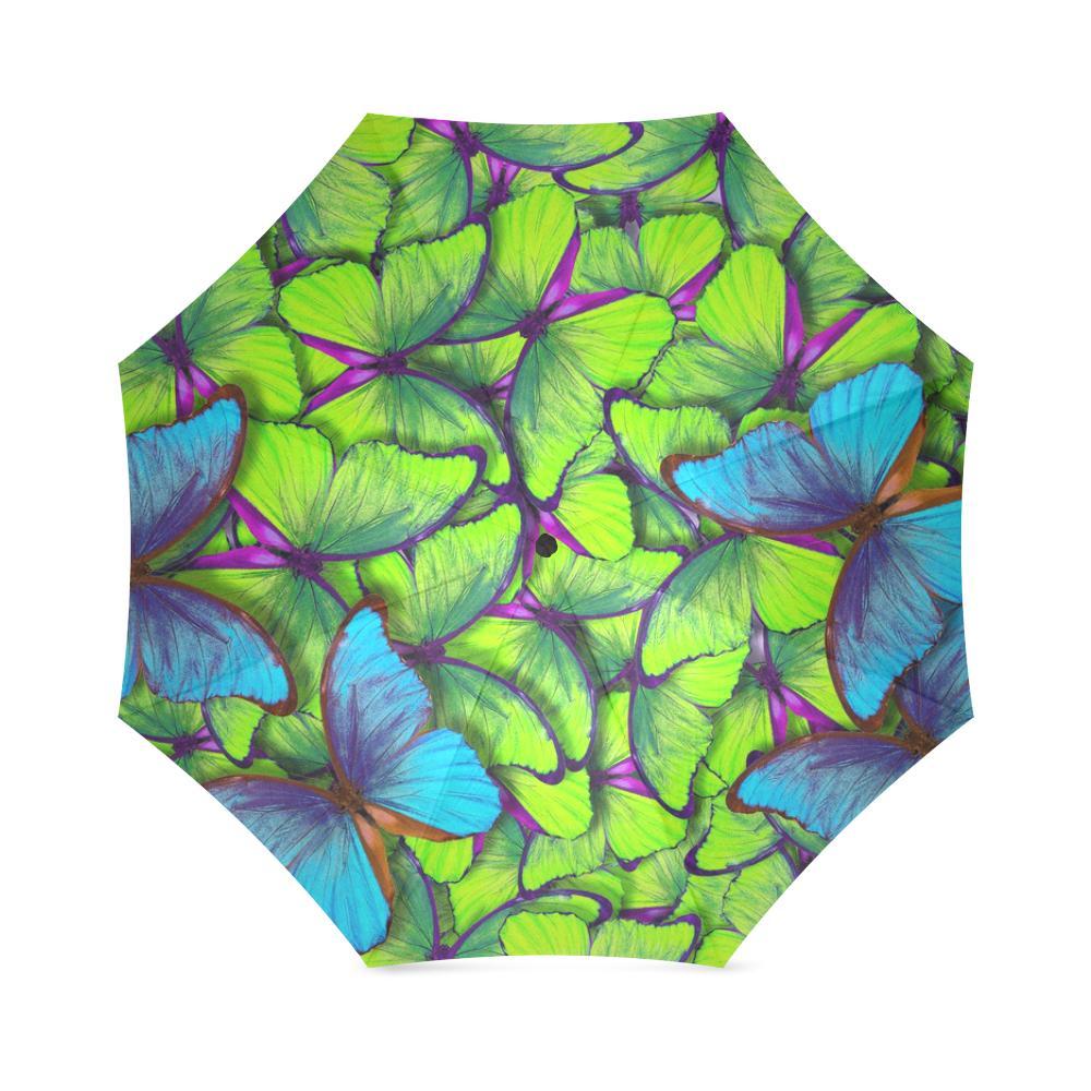 Green Blue Butterfly Pattern Print Foldable Umbrella-grizzshop