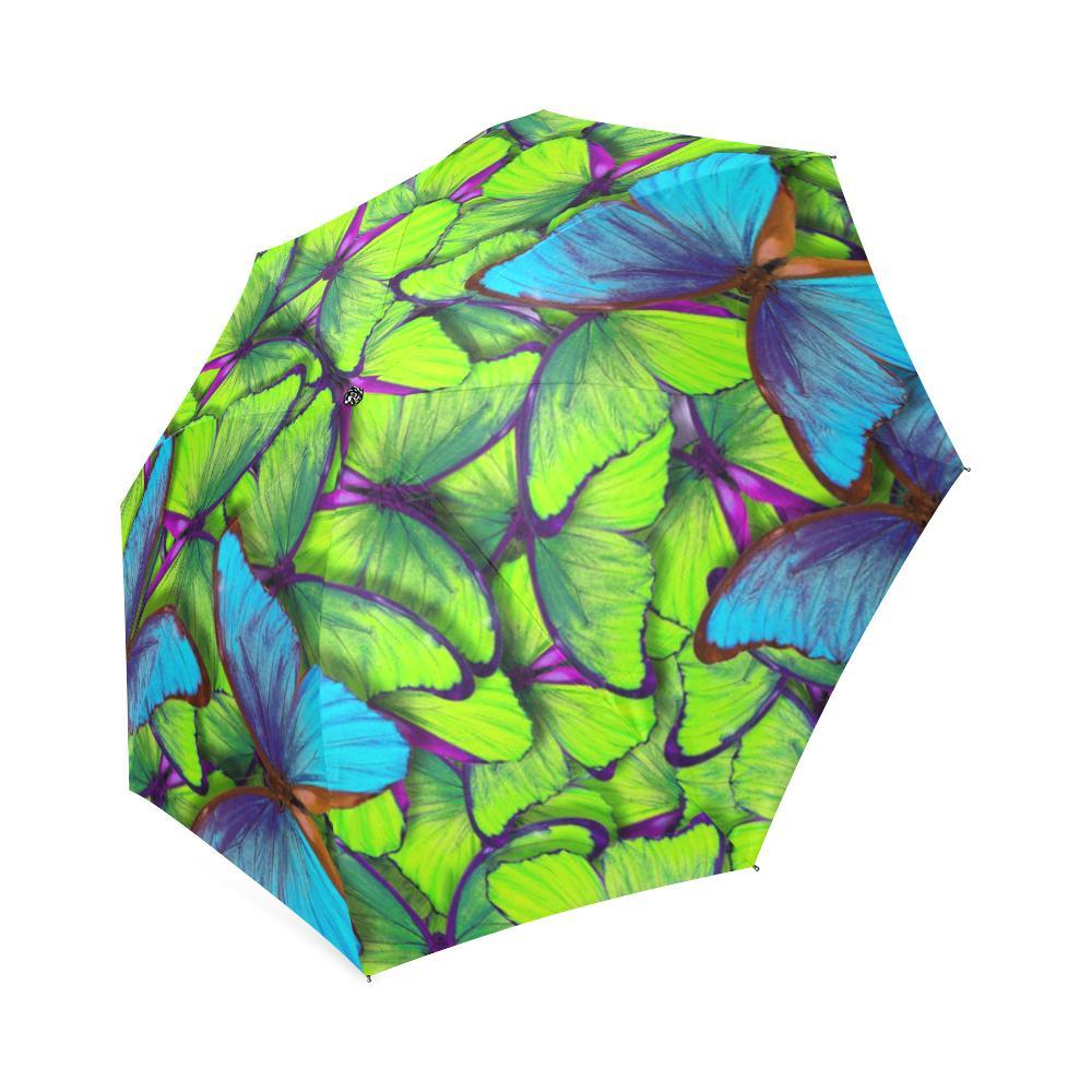 Green Blue Butterfly Pattern Print Foldable Umbrella-grizzshop