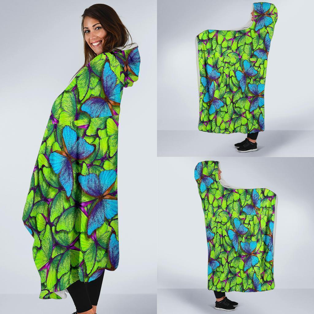 Green Blue Butterfly Pattern Print Hooded Blanket-grizzshop