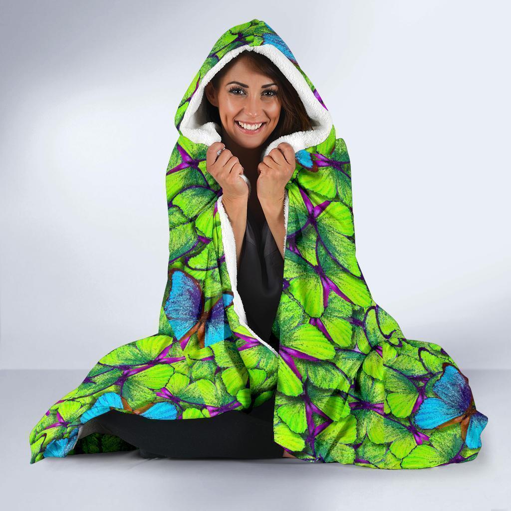 Green Blue Butterfly Pattern Print Hooded Blanket-grizzshop