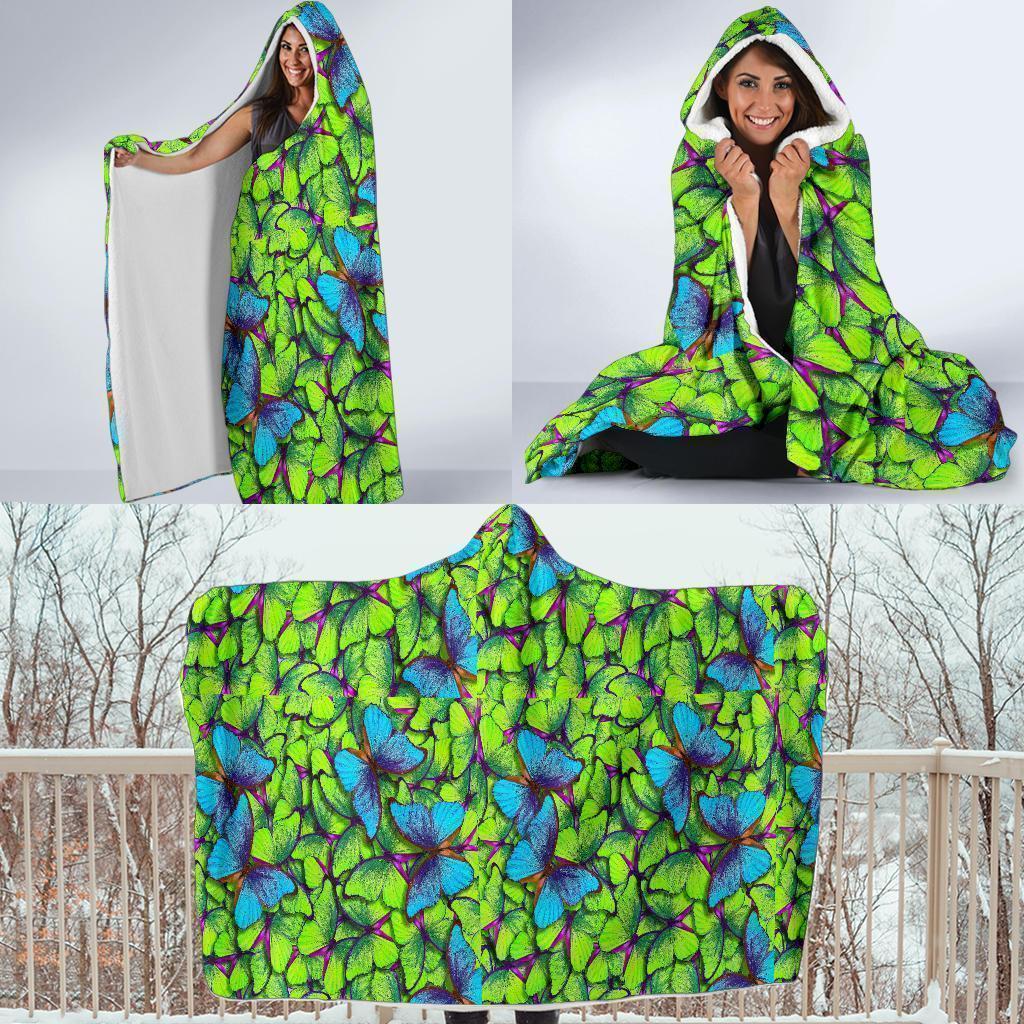 Green Blue Butterfly Pattern Print Hooded Blanket-grizzshop