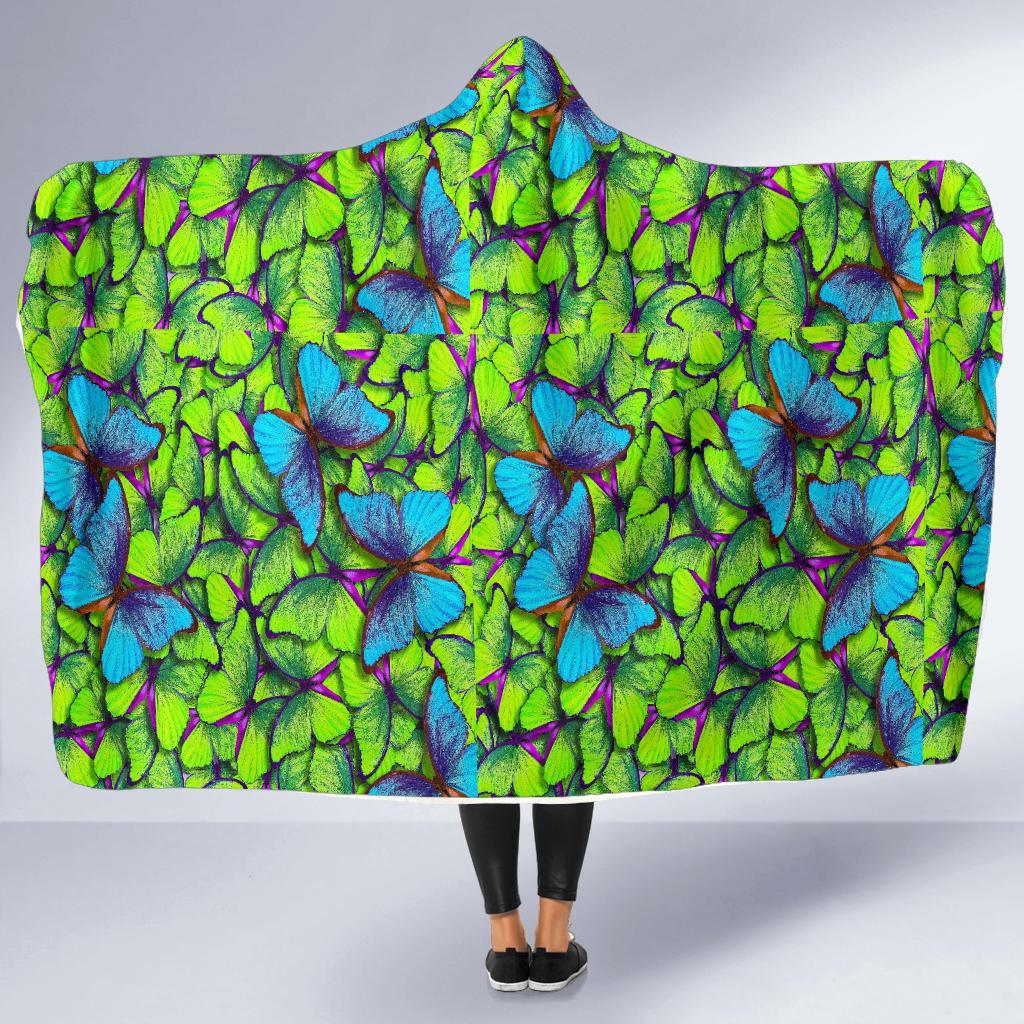 Green Blue Butterfly Pattern Print Hooded Blanket-grizzshop