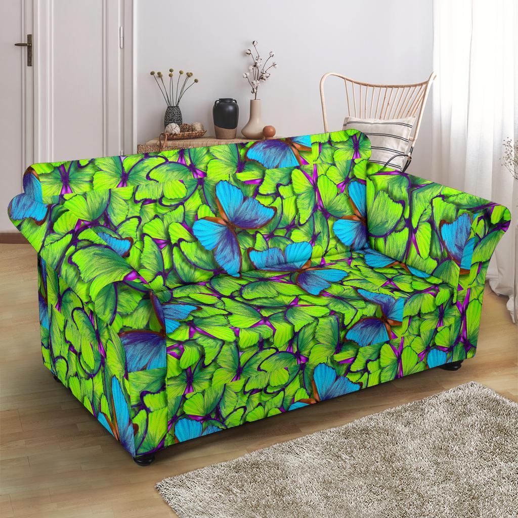 Green Blue Butterfly Pattern Print Loveseat Cover-grizzshop