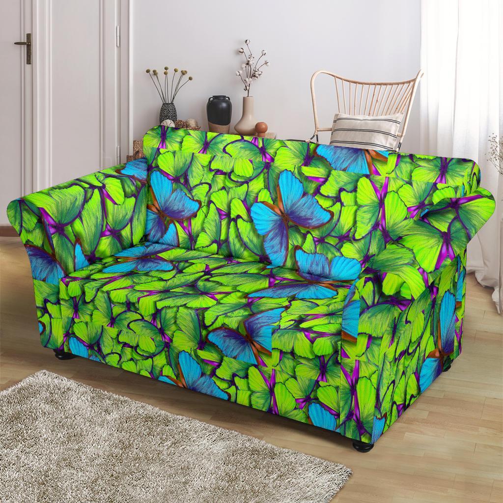 Green Blue Butterfly Pattern Print Loveseat Cover-grizzshop