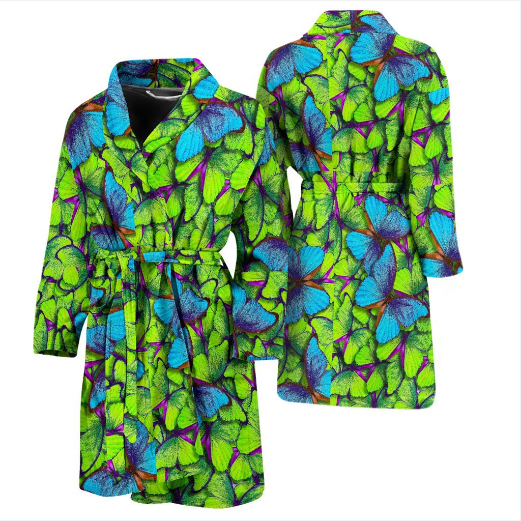 Green Blue Butterfly Pattern Print Men Long Robe-grizzshop