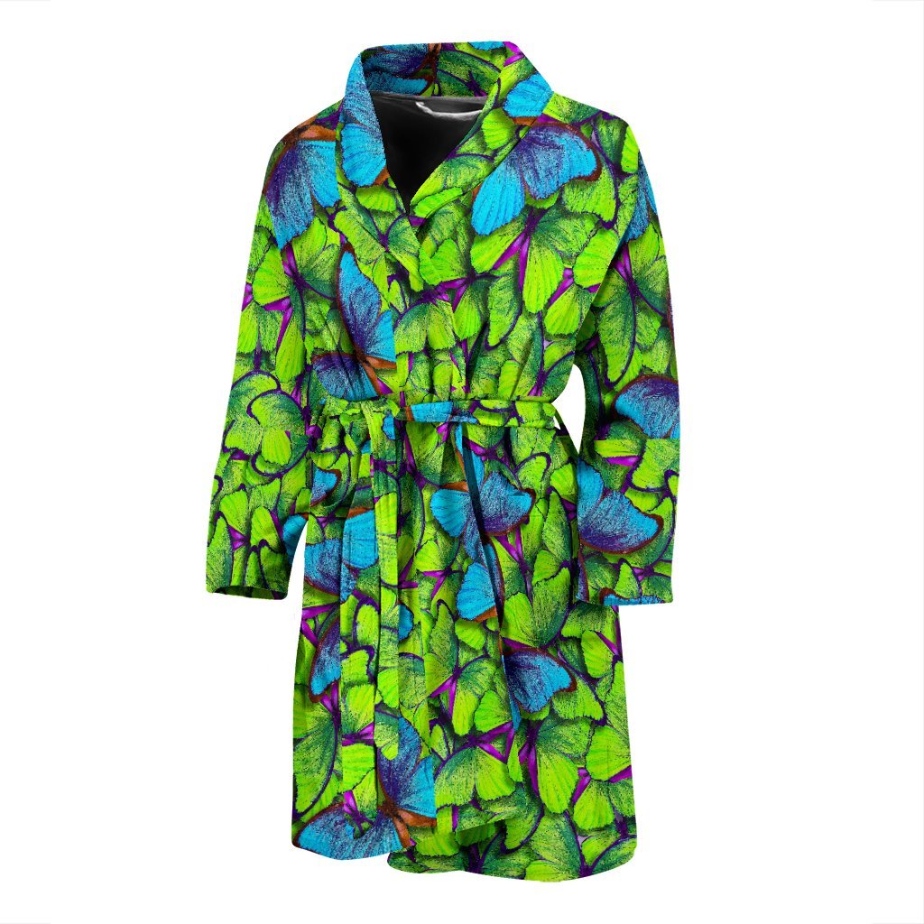 Green Blue Butterfly Pattern Print Men Long Robe-grizzshop