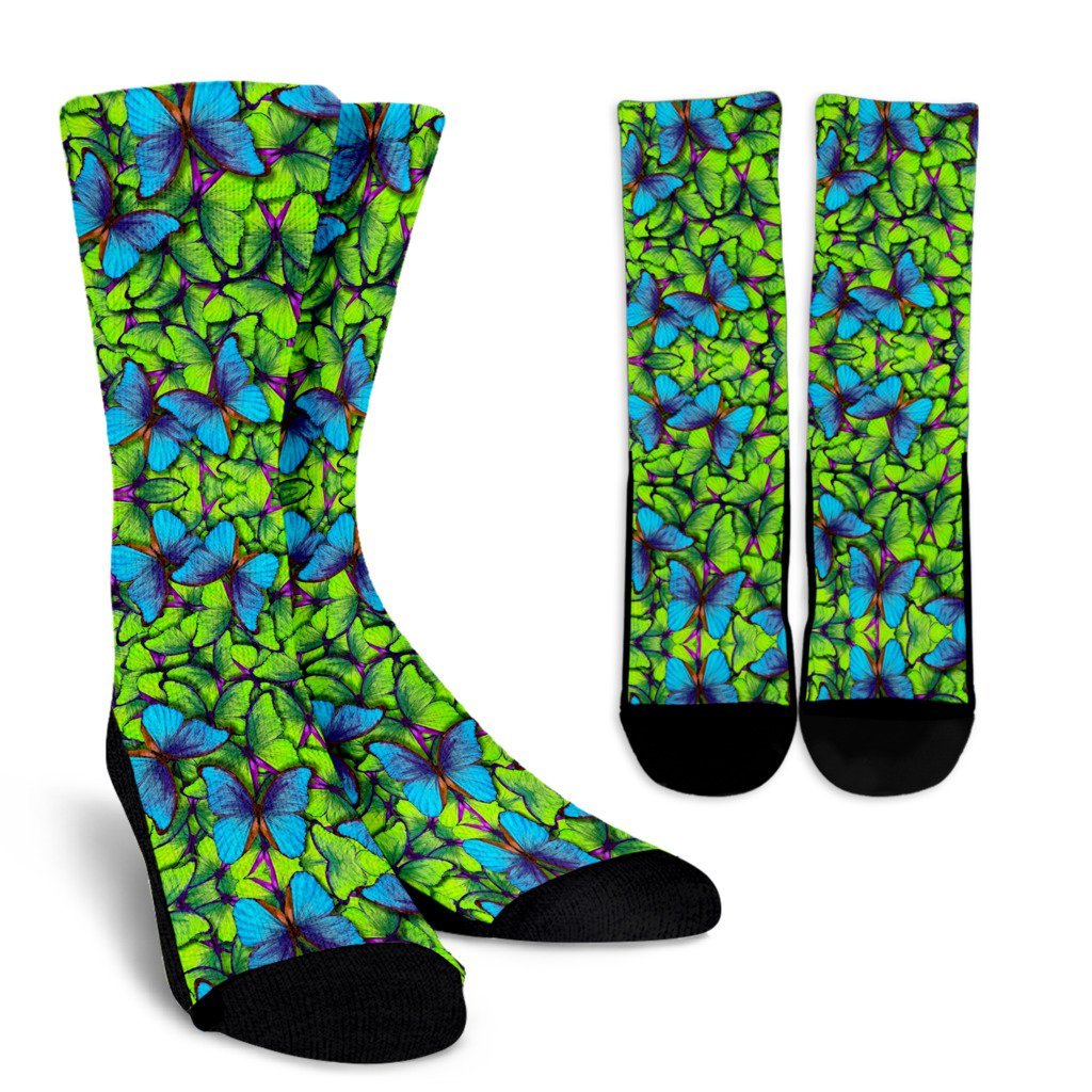 Green Blue Butterfly Pattern Print Unisex Crew Socks-grizzshop