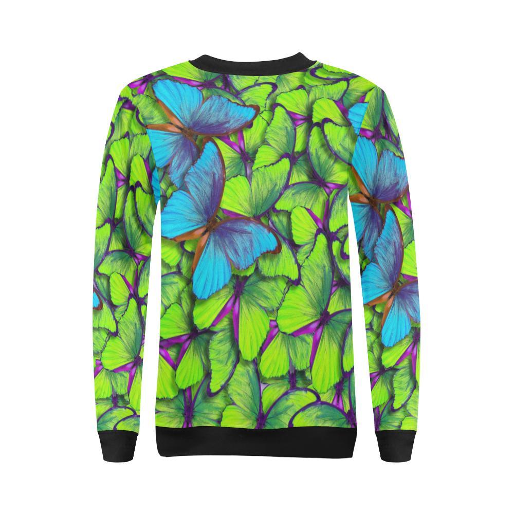 Green Blue Butterfly Pattern Print Women Crewneck Sweatshirt-grizzshop