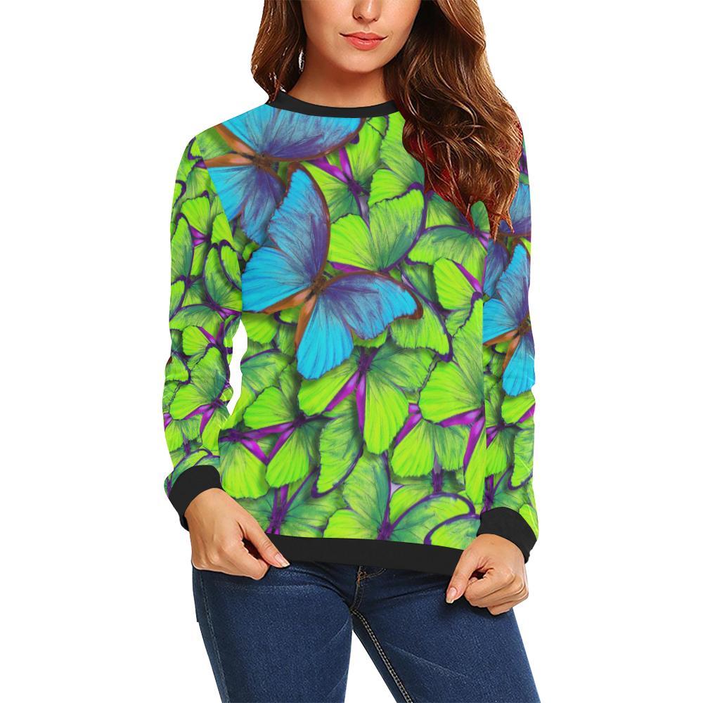 Green Blue Butterfly Pattern Print Women Crewneck Sweatshirt-grizzshop