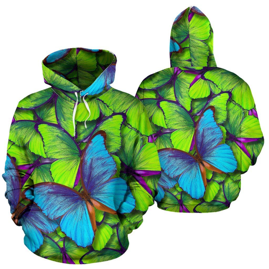 Green Blue Butterfly Pattern Print Women Men Pullover Hoodie-grizzshop