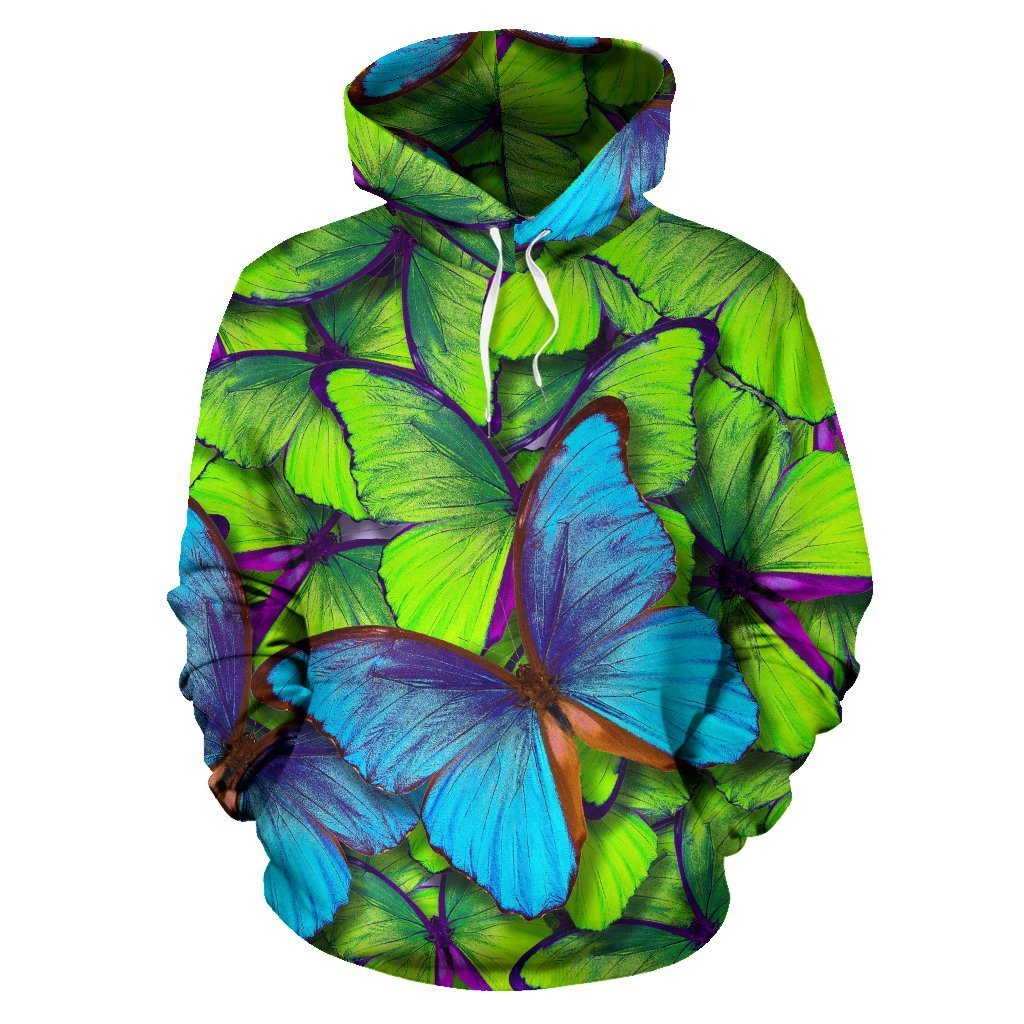 Green Blue Butterfly Pattern Print Women Men Pullover Hoodie-grizzshop