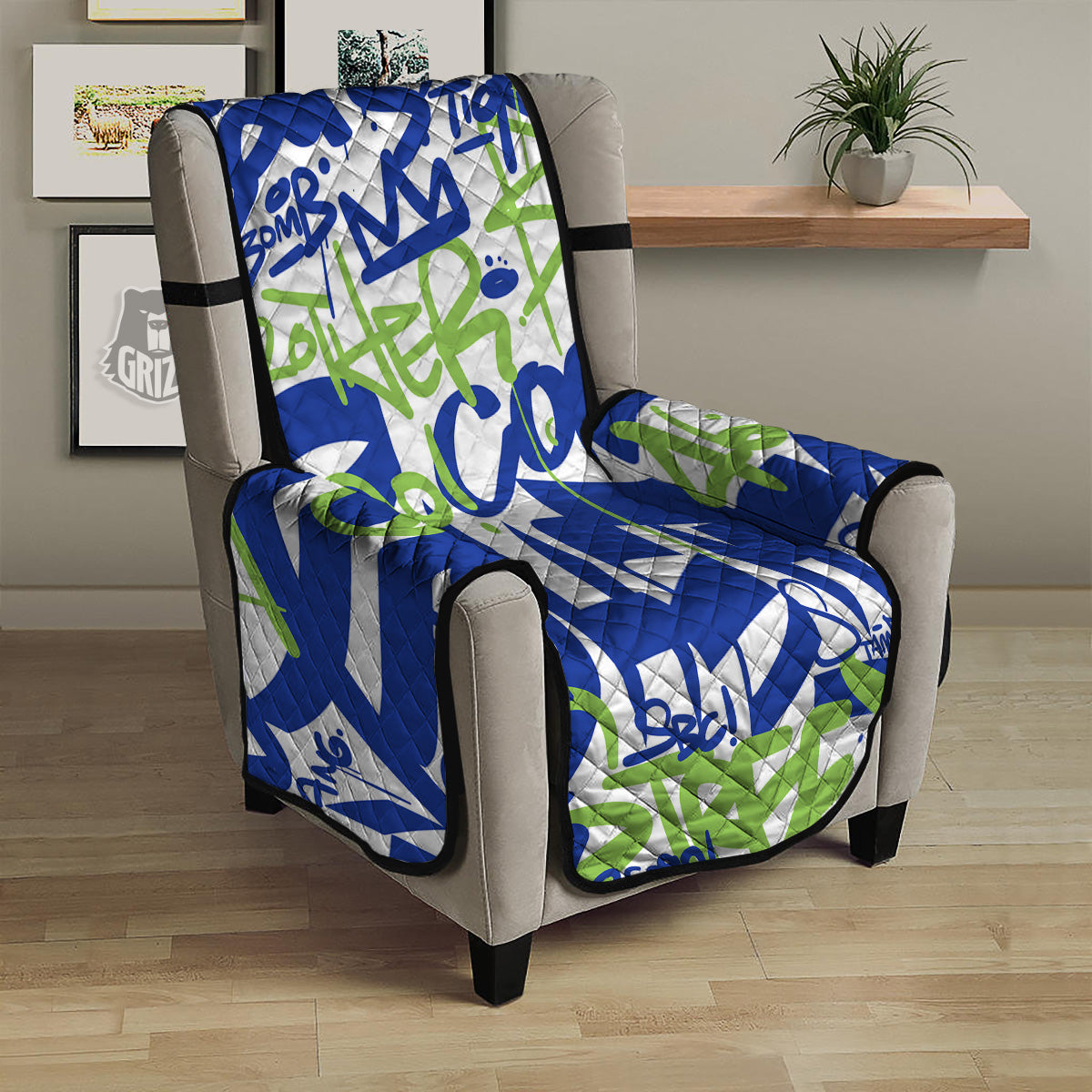 Green Blue Urban Graffiti Text Print Pattern Armchair Protector-grizzshop