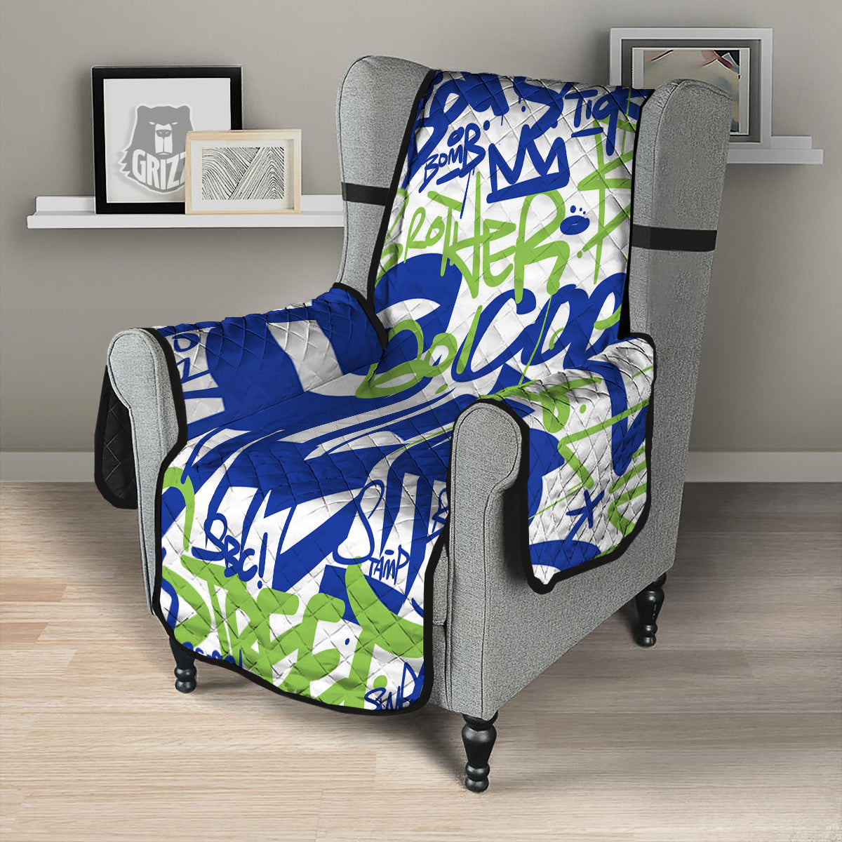 Green Blue Urban Graffiti Text Print Pattern Armchair Protector-grizzshop