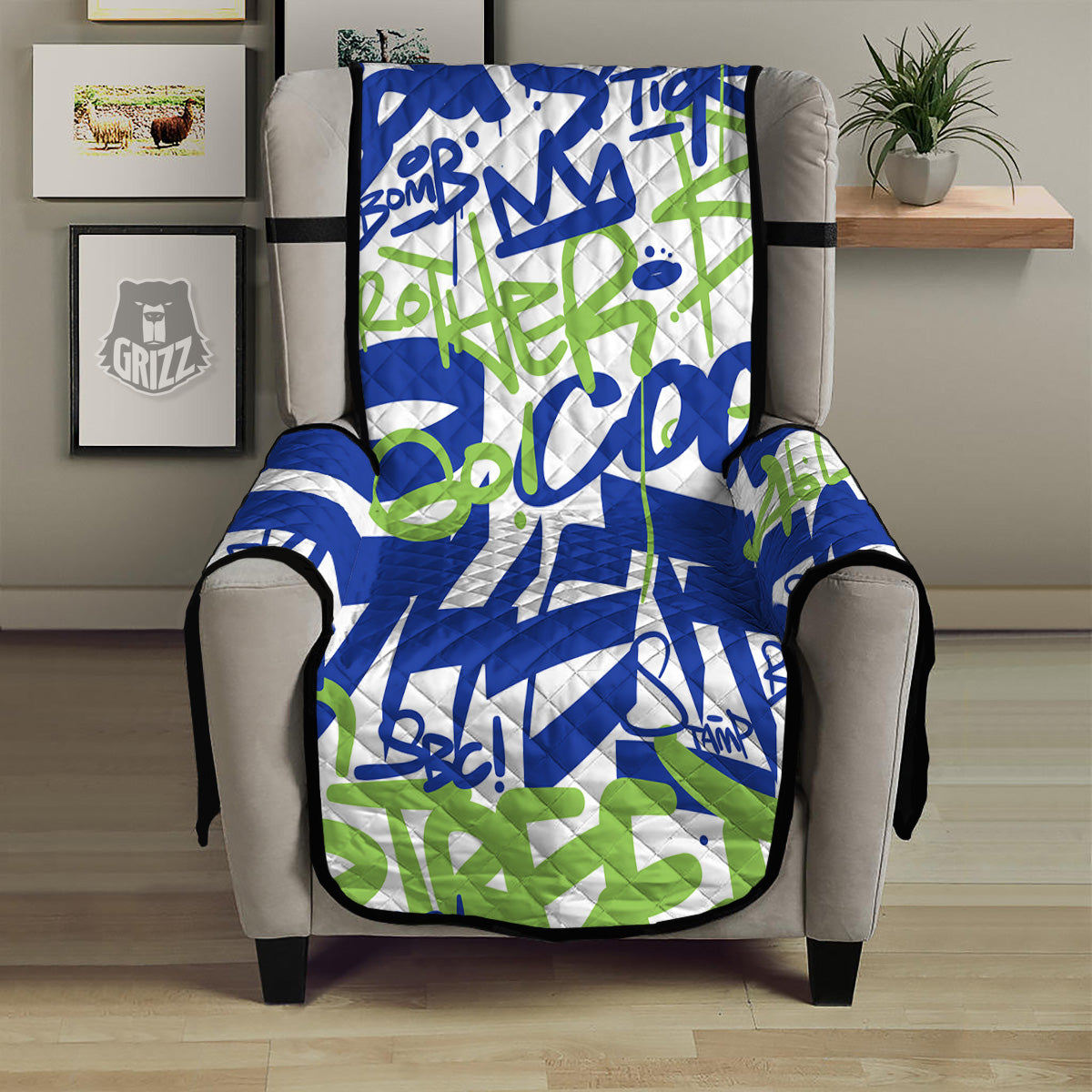 Green Blue Urban Graffiti Text Print Pattern Armchair Protector-grizzshop